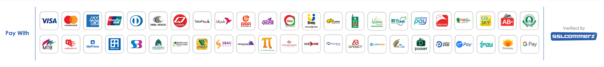 Pay with Visa, Mastercard, AMEX, bKash, Nagad, Rocket and other bank and mobile wallets — verified by SSLCommerz